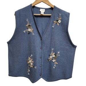 Koret Sweater Vest Womens XL Blue 100% Wool Button Beaded Satin Floral Vintage